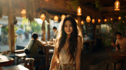 Fototapeta na wymiar smiling woman in summer dress enjoying lively restaurant or bar ambiance, fictional location