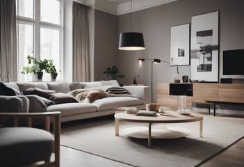 Fototapeta na wymiar Scandinavian interior design of modern spacious living room