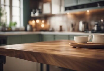 Wooden table on blurred kitchen bench background Empty wooden table and blurred kitchen background