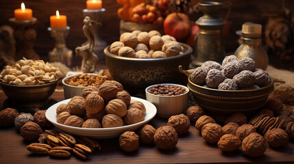 nuts and dried fruits - obrazy, fototapety, plakaty