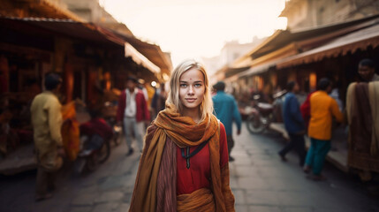 young woman in red scarf standing in bustling street, curious and observant amidst lively marketplace atmosphere, fictional location