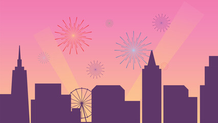 new year celebration vector, silhouette of building with sky full of fireworks