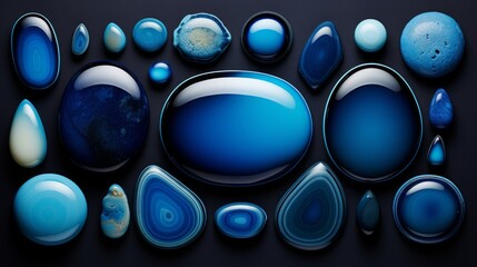 collection of perfect polished blue laze agate chalcedony gemstones on black cardboard, top down view, 16:9