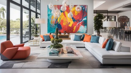 wide angle shot of a modern florida luxury condo living room with vibrant modern funiture and amazing wall art, 16:9 - obrazy, fototapety, plakaty