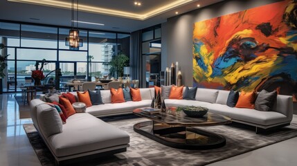 wide angle shot of a modern florida luxury condo living room with vibrant modern funiture and amazing wall art, 16:9 - obrazy, fototapety, plakaty