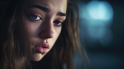 young woman at night, sad and worried, bad day, homeless or alone, detailed focus on facial expression
