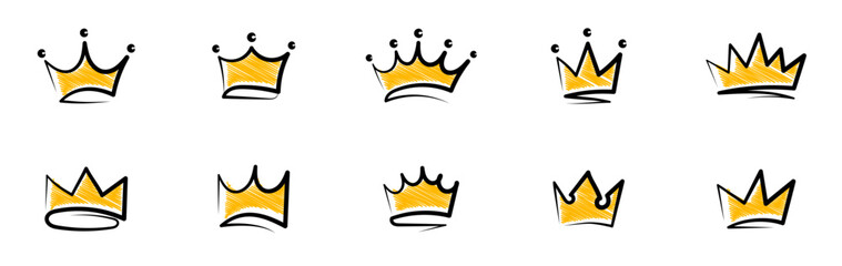 Crowns hand drawn icon set. Doodle crown collection. Gold crown sketch. Queen or king crowns. Vector illustration. - obrazy, fototapety, plakaty