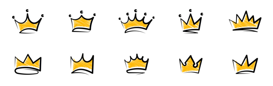 Crowns hand drawn icon set. Doodle crown collection. Gold crown sketch. Queen or king crowns. Vector illustration.