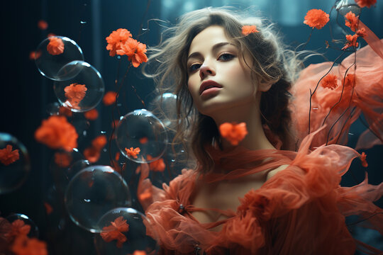 Ethereal woman surrounded by bubbles and floating orange petals, with a dreamy expression, against a dark background.