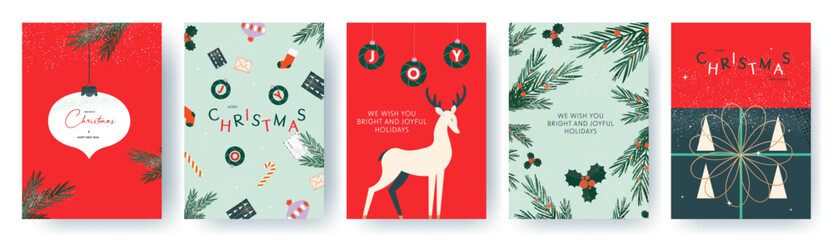 Merry Christmas and Happy New Year greeting cards set. Xmas Design with beautiful Christmas elements. Vector illustrations for background, invitation, website banner, social media, marketing material.