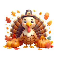 3d turkey icon, thanksgiving illustration character, happy harvest, cartoon, simple style. Zero background
