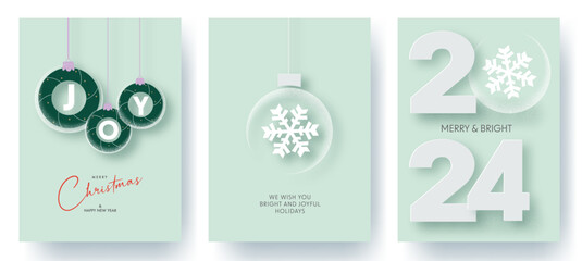 Merry Christmas and Happy New Year greeting card, poster,  banner, holiday cover, invitation set. Modern Xmas design. Snowflake, ball and 2024 logo. Green background.