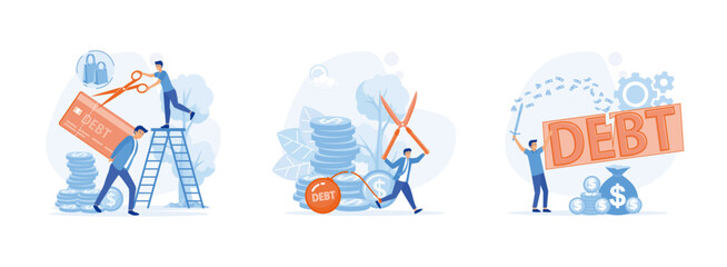 Fototapeta na wymiar Credit Card Debt. Businessman use pliers to cut the chain and free himself from debt metal ball. Reduce, slice and get rid of debt. Cut debt set flat vector modern illustration