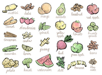 Raw fruits and vegetables symbols set, hand drawn sketch illustration