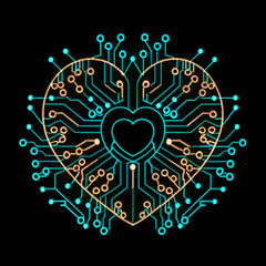  blue computer chip heart on a dark background