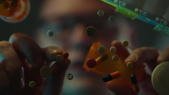 Laboratory. A scientific researcher in special clothing collects medical supplies in a modern laboratory. Skilled worker uses pill container modern methods of experimentation, laboratory assistant