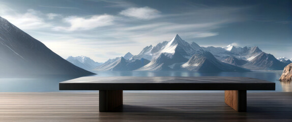 empty table on stone floor with stunning beautiful mountain