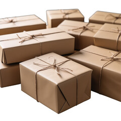 A neat arrangement of brown cardboard boxes tied with twine, ready for shipping or storage.