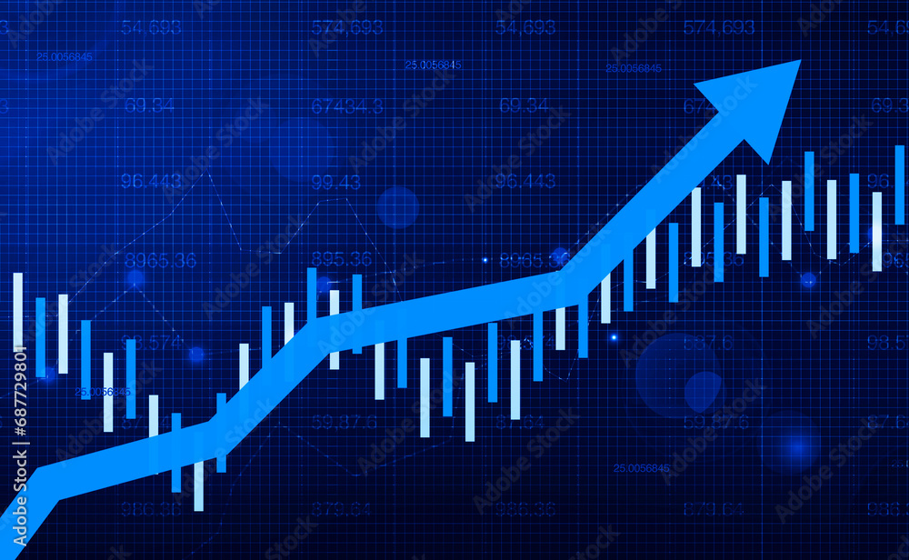 Poster stock market going upward graph in bright blue color with arrow and design in the backdrop. blue col