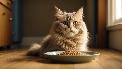 Cute fluffy cat, dry food, at home