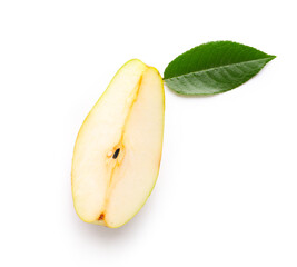 Naklejka na ściany i meble Piece of ripe pear with green leaf isolated on white background
