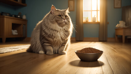 Cute fluffy cat, dry food, at home