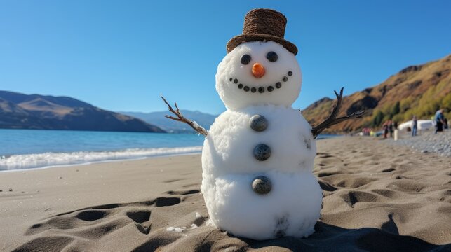 The snowman of the snow on the beach. Seasons of mind. Mindful inspiration photo, AI-generated image