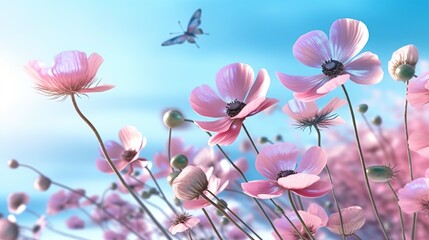 Pink cosmos flowers on blue sky background. 3d render illustration.