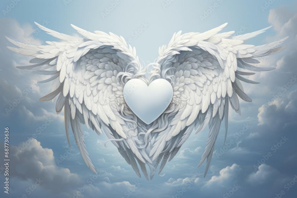 Poster heart with cupid wings. cool background with selective focus and copy space