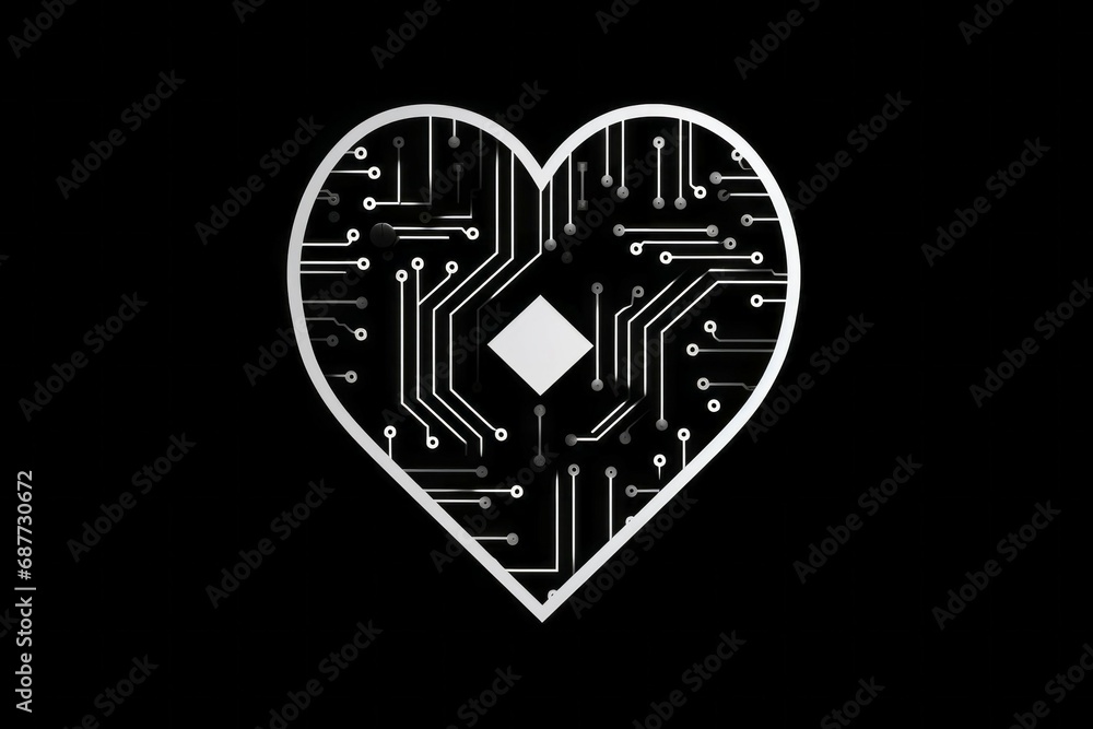 Fototapete computer with heart shaped cpu chip. drawing style. black background with selective focus and copy s