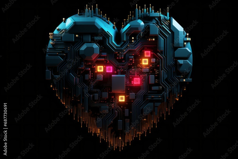 Aufkleber computer with heart shaped cpu chip. illustration style. black background with selective focus and c