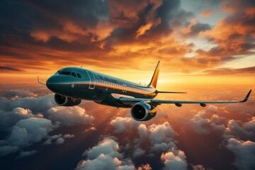 Airplane in the sky at dawn or sunset. Background with selective focus and copy space