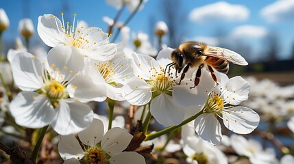 Honey bee pollinates white flowers of cherry tree in spring. - obrazy, fototapety, plakaty