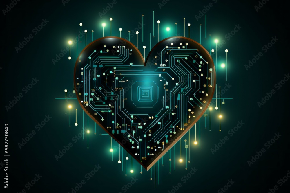 Fototapete computer with heart shaped cpu chip. black background with selective focus and copy space