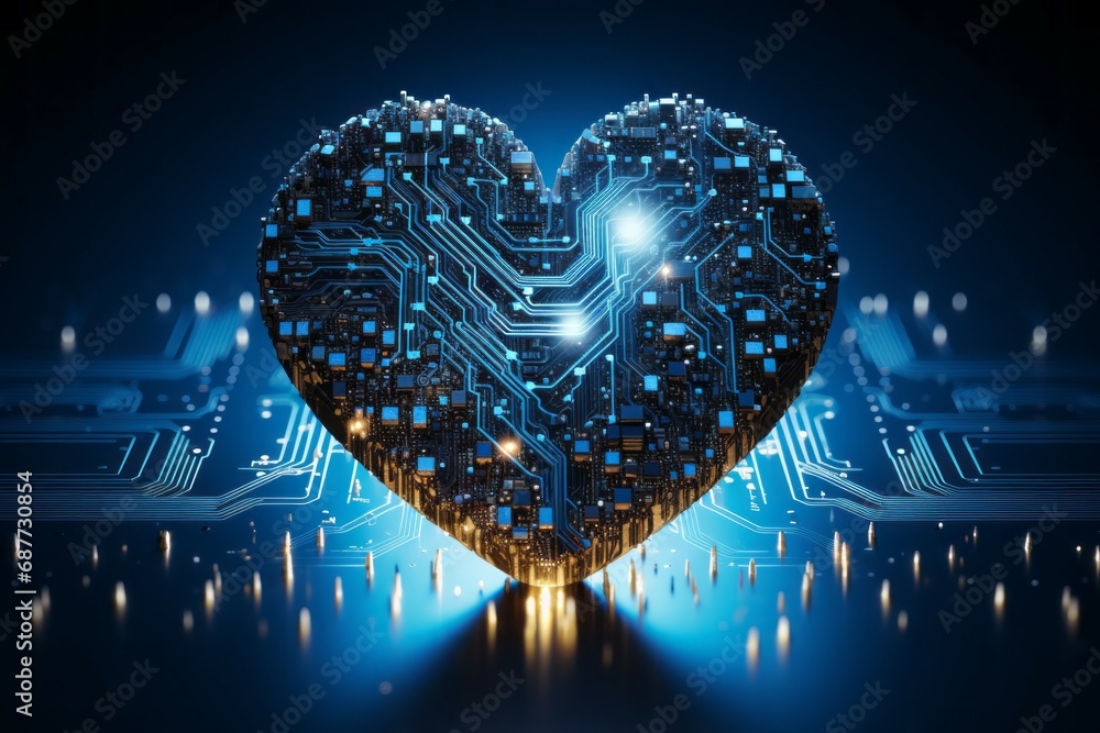 Fototapete computer with heart shaped cpu chip. dark background with selective focus and copy space