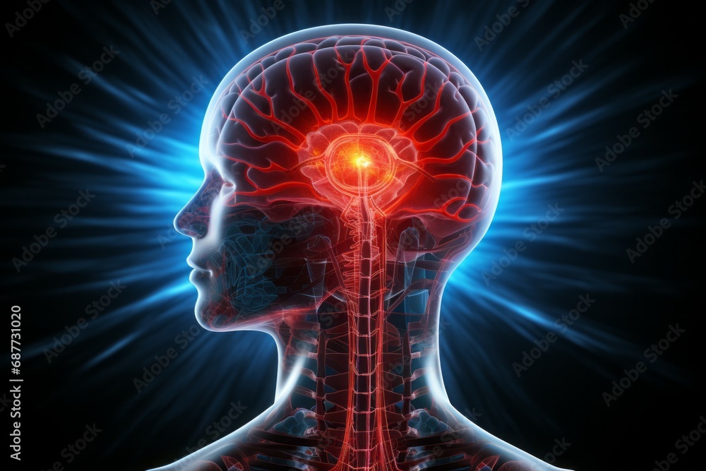 Poster hologram of the head brain. background with selective focus and copy space