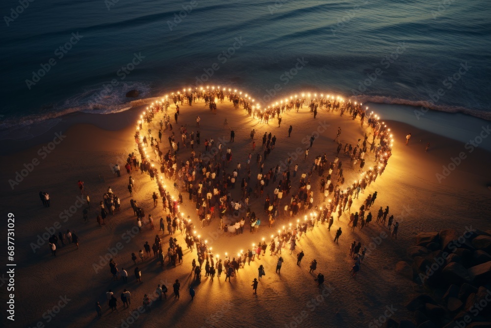 Poster crowd of people on the beach in the shape of a heart. background with selective focus and copy space