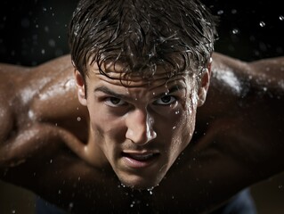 Focused athlete in action, muscles tense, sweat glistening on forehead. Blurred background emphasizes subject's determination and motion. Fitness, strength, and concentration
