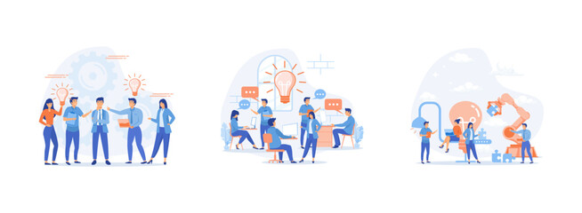 Fototapeta premium Brainstorm, online assistant at work, brainstorming, business concept for teamwork. Brainstorming set flat vector modern illustration 