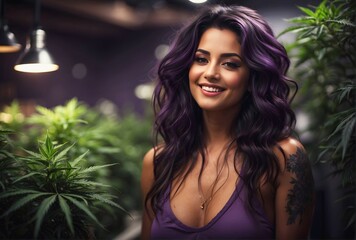 Fototapeta premium Portrait of attractive seductive pretty brunette woman smiling in medicinal marihuana grow room under purple lights