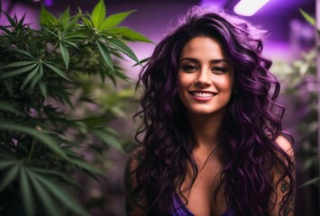 Portrait of attractive seductive pretty brunette woman smiling in medicinal marihuana  grow room under purple lights