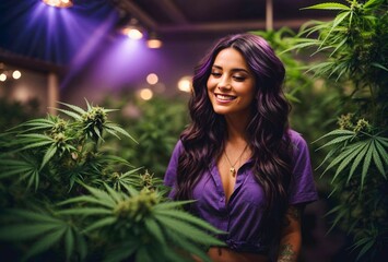 Portrait of attractive seductive pretty brunette woman smiling in medicinal marihuana  grow room under purple lights - obrazy, fototapety, plakaty