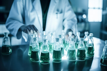Scientists in a laboratory are working with green glowing bottles, arranged in rows on a table, under a mix of blue and green lighting, ai generative