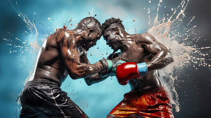 Two boxers, one in black shorts and the other in red, are fighting amidst splashing water against a blue gradient background, ai generative