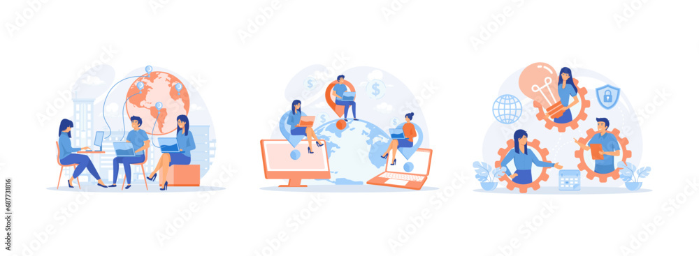 Poster outsourcing company concept, developers team working scene, idea of teamwork and project. outsourcin