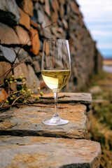 Full glass of organic Riesling wine on slate rock