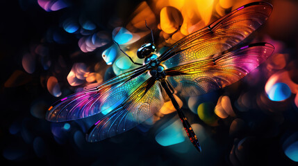 Unreal, fantastic neon glowing dragonfly