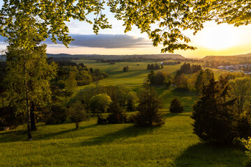 Grassy fields and trees in green rolling hills below a blue sky in the light of sunset in summer