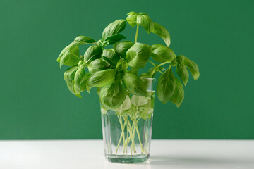Glass with fresh green basil on white table
