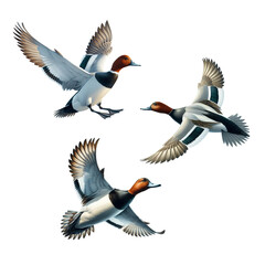 A set of Canvasback Ducks flying on a transparent background